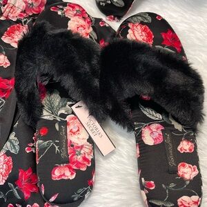 Victoria's Secret Black and Pink Floral Slippers